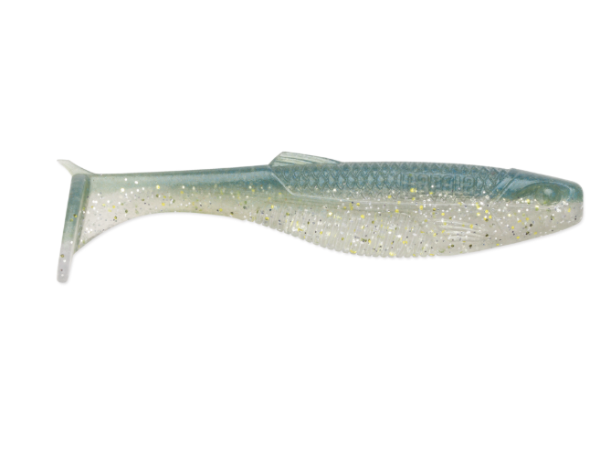Green and white glittery soft plastic swimbait fishing lure with a paddle tail.