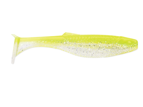 Chartreuse and clear soft plastic fishing lure with silver glitter.
