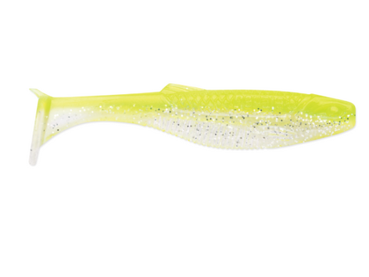 Chartreuse and clear soft plastic fishing lure with silver glitter.