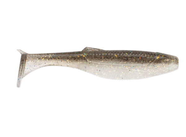 Translucent grey soft plastic shad fishing lure with glitter and scaled pattern.