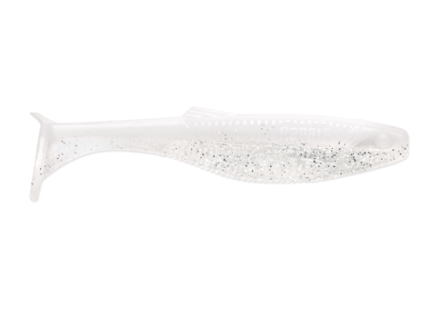 Translucent white soft plastic fishing lure with silver glitter.