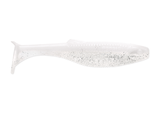 Translucent white soft plastic fishing lure with silver glitter.