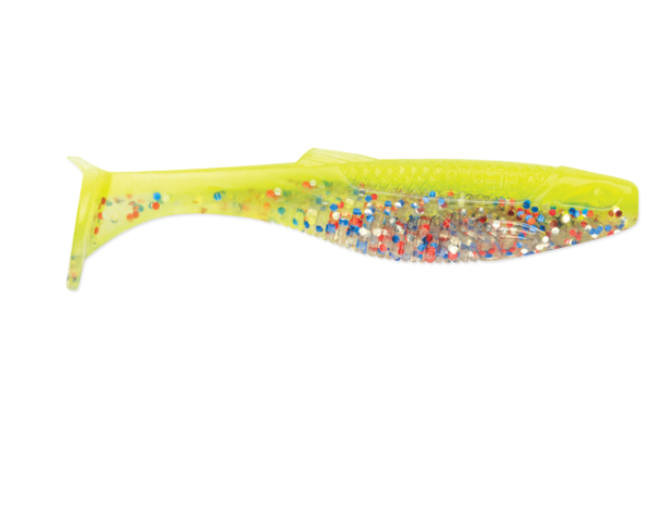 Chartreuse fish-shaped lure with clear, glittered body and paddle tail.