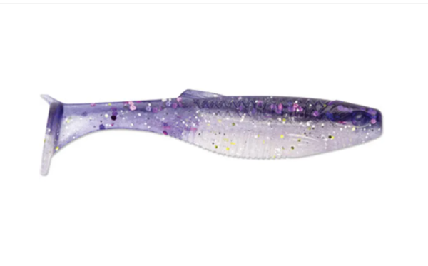 Glittery translucent purple soft plastic fishing lure with a paddle tail.