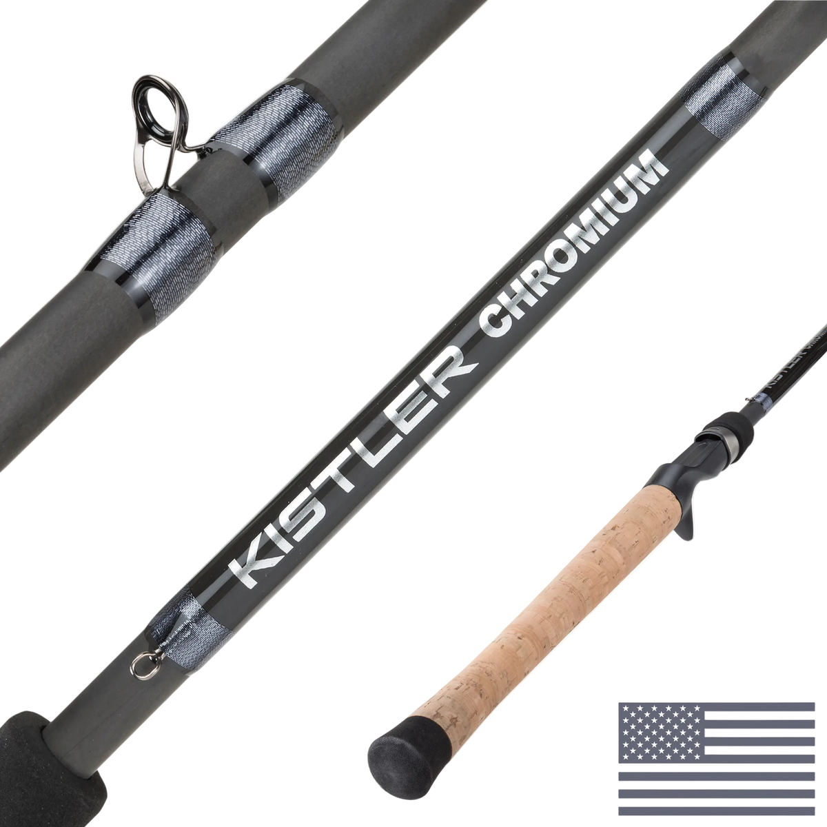 Kistler Chromium fishing rod with cork handle on a white background