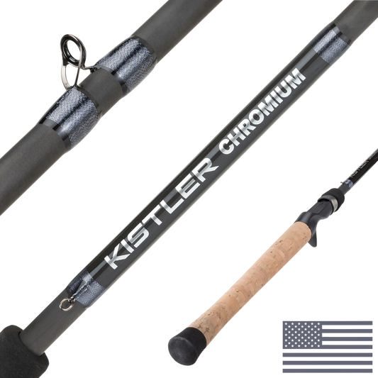 Kistler Chromium fishing rod with cork handle on a white background