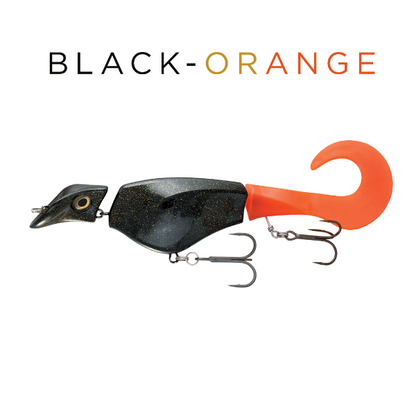 Black and orange fishing lure on a white background with 'BLACK-ORANGE' text.