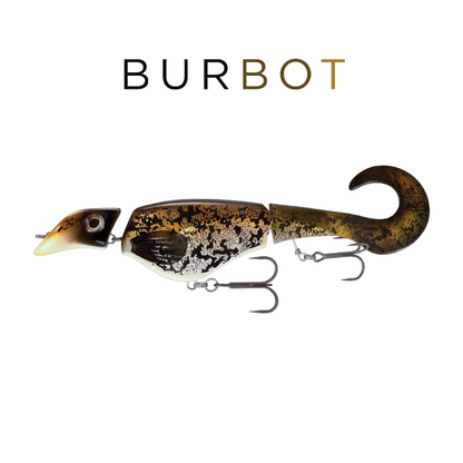 Fishing lure with detailed design on a white background, branded 'Burbot'.