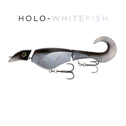 Fishing lure with 'Holo-Whitefish' text on a white background