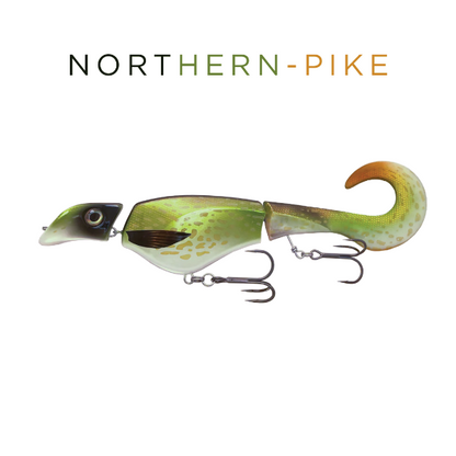 Fishing lure with 'Northern Pike' branding on a white background
