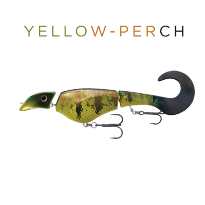 Fishing lure with a yellow and black pattern on a white background, branded 'Yellow Perch'.