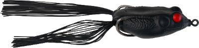 Black fishing lure with red eye and black skirt on a white background