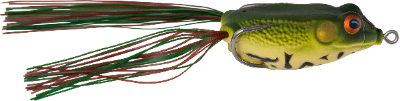Fishing lure resembling a frog with green body, orange eyes, and red and green tail.