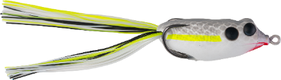 Fishing lure with a striped body and detailed head on a white background