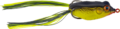 Fishing lure with green and black skirt and yellow body on a white background