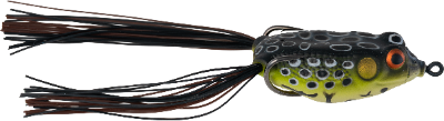 Fishing lure shaped like a frog with black skirt on a white background
