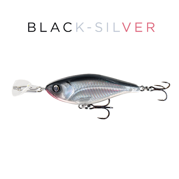 Black and silver fishing lure on a white background with 'BLACK-SILVER' text.