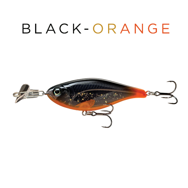 Black and orange fishing lure on a white background with 'BLACK-ORANGE' text.