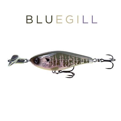 Fishing lure resembling a bluegill fish on a white background with 'BLUEGILL' text.