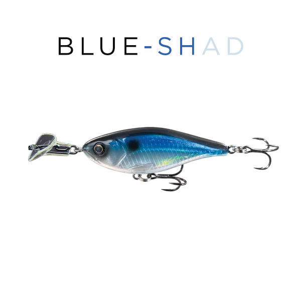 Blue and silver fishing lure labeled 'BLUE-SHAD' on a white background