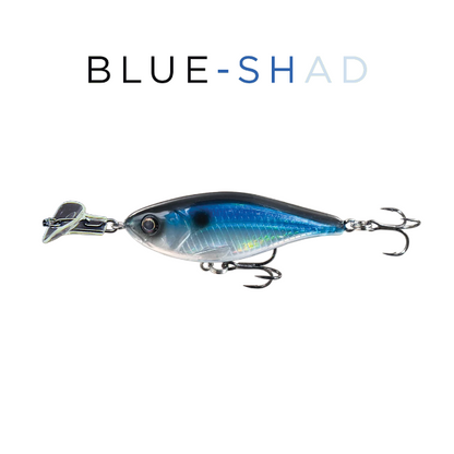 Blue and silver fishing lure labeled 'BLUE-SHAD' on a white background