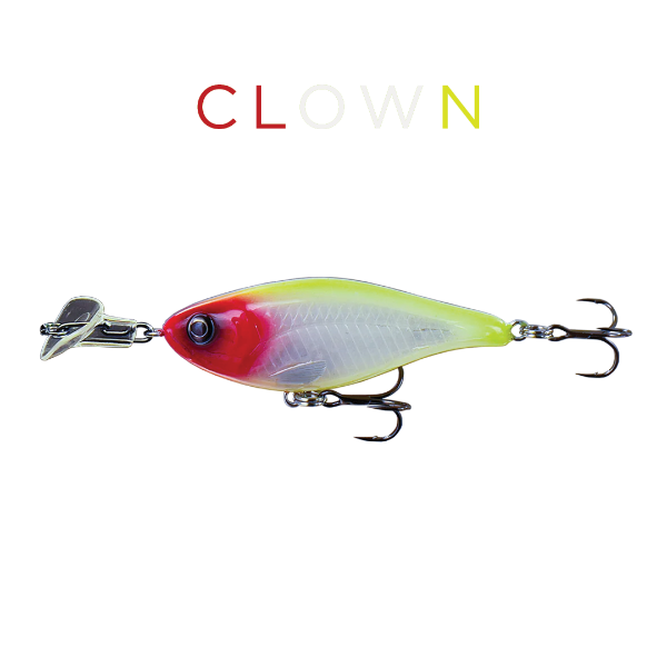 Fishing lure with 'CLOWN' branding on a white background