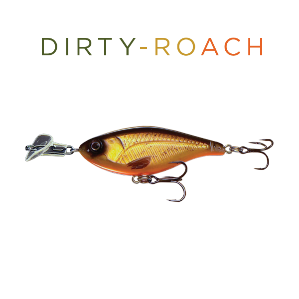 Fishing lure with 'DIRTY-ROACH' text on a white background