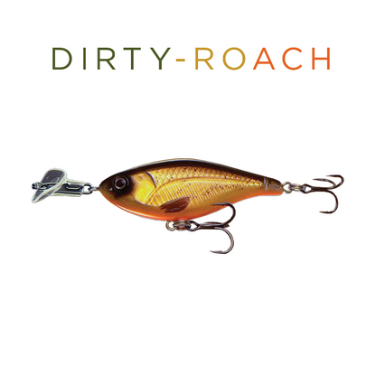 Fishing lure with 'DIRTY-ROACH' text on a white background