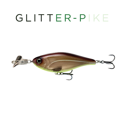 Fishing lure with 'GLITTER-PIKE' text on a white background
