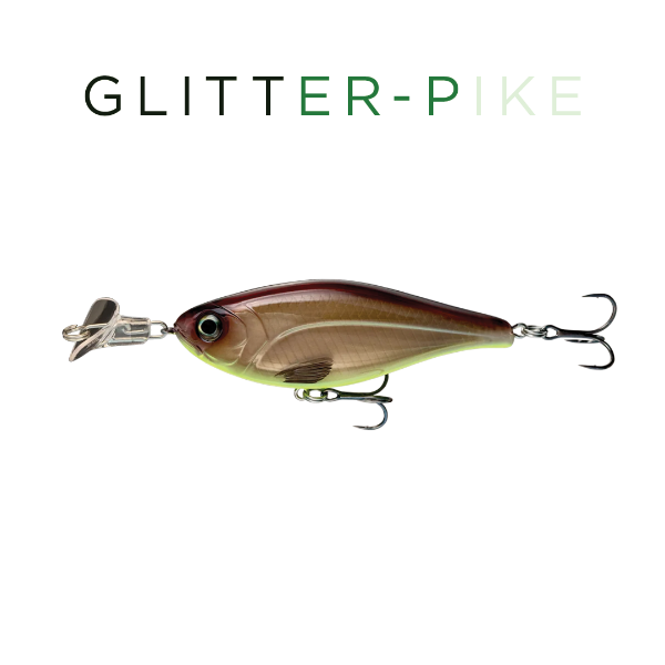 Fishing lure with 'GLITTER-PIKE' text on a white background