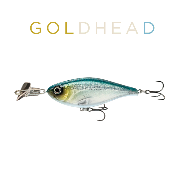 Fishing lure with 'Goldhead' branding on a white background