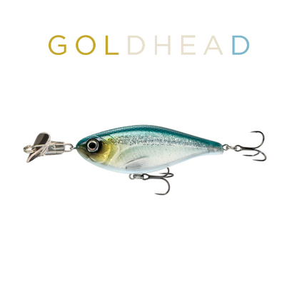 Fishing lure with 'Goldhead' branding on a white background