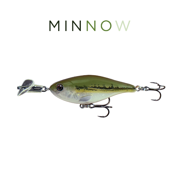 Fishing lure with 'MINNOW' branding on a white background