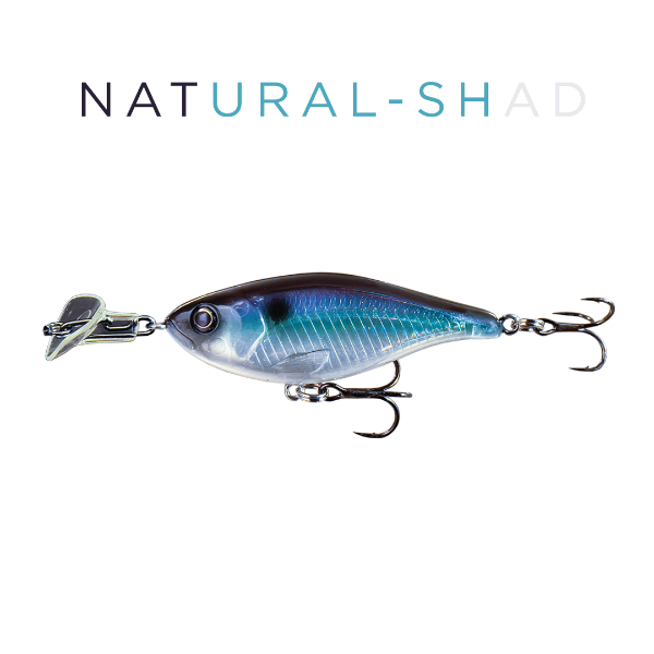 Fishing lure with 'Natural Shad' text on a white background