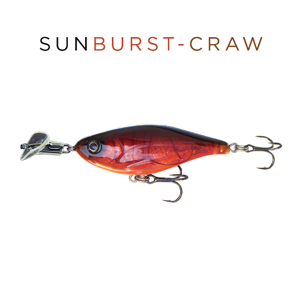 Fishing lure labeled 'Sunburst Craw' on a white background