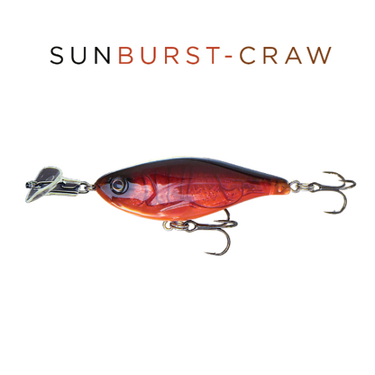 Fishing lure labeled 'Sunburst Craw' on a white background
