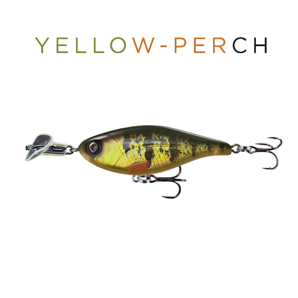 Fishing lure resembling a yellow perch on a white background with 'YELLOW-PERCH' text.