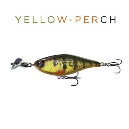Fishing lure resembling a yellow perch on a white background with 'YELLOW-PERCH' text.