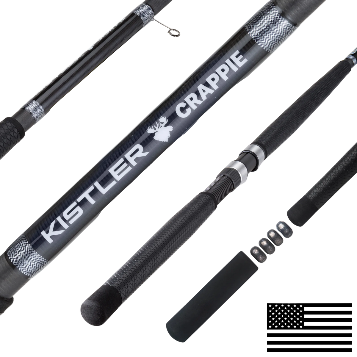 Kistler Crappie fishing rod with American flag logo on a white background