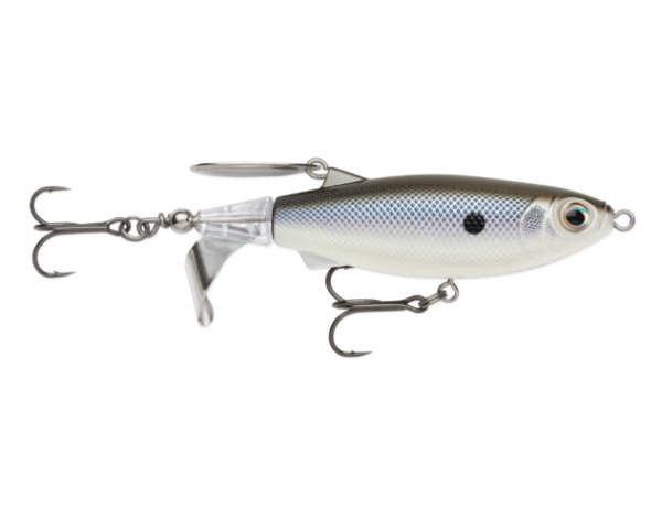 A silver and gray soft plastic fishing lure with a realistic fish design, featuring a textured scale pattern, a black eye, and a clear tail, shown on a solid white background.