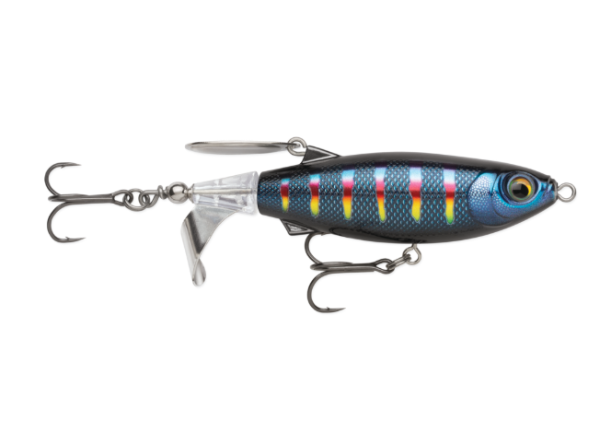 A hard bait fishing lure with a black body, blue back, and red and yellow vertical stripes, featuring a clear diving lip, silver split blades, and two treble hooks.