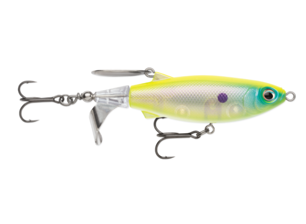 A fishing crankbait lure with a bright yellow-green body, a translucent clear belly, a purple spot, and a blue-green eye, shown on a solid white background.