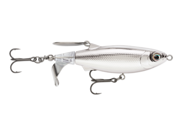 A silver hard-body fishing lure with a realistic scaled body, clear plastic swim tail, and two treble hooks, shown on a solid white background.