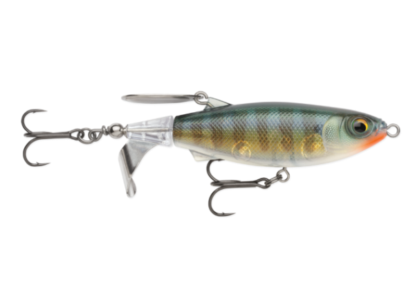 A hard bait fishing lure designed to look like a small fish, featuring a green and gold striped body, a clear plastic transparent belly, and a bright orange-red tail tip. It is equipped with two treble hooks and a split ribbing tail, shown against a solid white background.