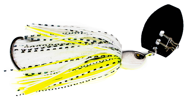 Fishing lure with white and yellow body and black accents on a white background