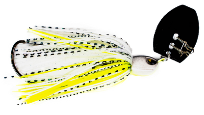 Fishing lure with white and yellow body and black accents on a white background