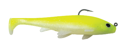 Yellow fishing lure with a hook on a white background