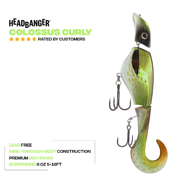 Headbanger Colossus Curly fishing lure on a white background with product text and rating badge. The lure is a wire-through body crankbait with a green, yellow, and brown spotted pattern and a curved tail.