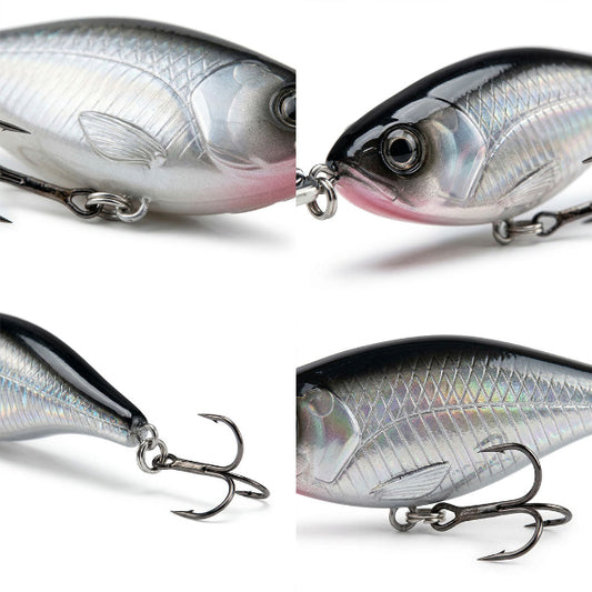 Four views of a metallic fishing lure on a white background