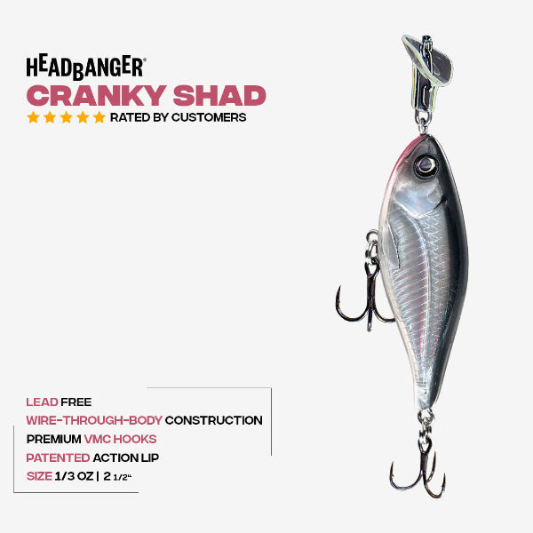 Headbanger Cranky Shad fishing lure in silver and black, shown on a light gray background with product text and a 'Rated by Customers' badge.